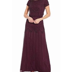 Adrianna Papell SHORT SLEEVE BLOUSON BEADED GOWN IN CASSIS Size 6